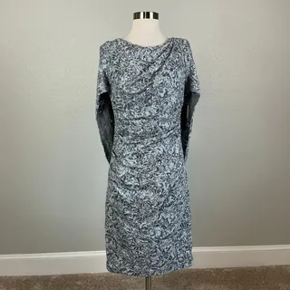 Photo of Betsy & Adam Blue-Gray Cocktail Dress Sequined Lace Draped Back Sheath Size 8