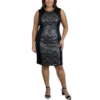 Photo of Adrianna Papell Black Cocktail Dress Sequined Sleeveless LBD Sheath Size 16