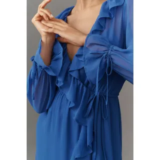 Photo of New Anthropologie Long-Sleeve Ruffled Asymmetric Midi Dress $168 SMALL Blue