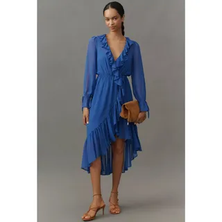 Photo of New Anthropologie Long-Sleeve Ruffled Asymmetric Midi Dress $168 SMALL Blue