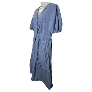 Photo of Free Assembly LG Navy Stripe Twist Front Puff Sleeve Midi Dress Coastal Cotton