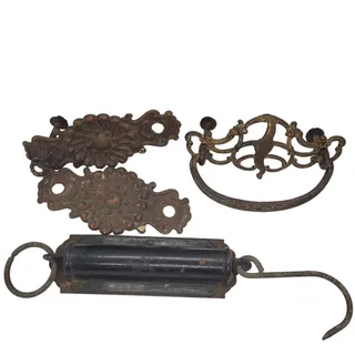 Photo of Antique Metal Drawer Pulls And Scale Weight Salvage Lot