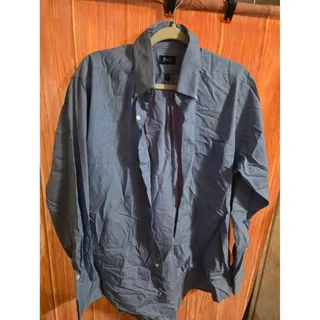 Photo of GH Bass Mens Large Button Down Shirt Long Sleeve Blue Micro Gingham 16-16.5