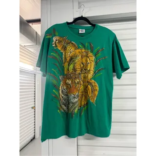 Photo of Vintage Green Wildlife Tee with Lion, Tiger & Cheetah Graphic Puff paint 90s OS