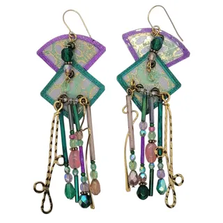 Photo of Vintage 1980s Purple Green Mixed Media Geometric Dangle Earrings