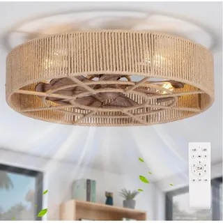 Photo of 22" Rattan Boho Flush Mount Ceiling Fan Light w/ Remote New Open Box