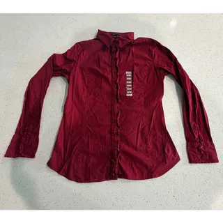 Photo of Steve & Barry’s Women’s L Burgundy Ruffle Button Front Shirt Long Sleeve Y2K