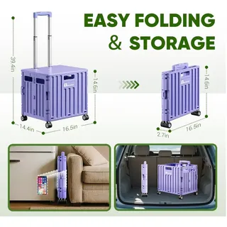 Photo of Folding Utility Cart Rolling Collapsible Shopping Crate Purple