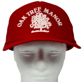 Photo of Vintage 80s Oak Tree Manor Trucker Hat Baseball Cap Red Spring Texas Snapback