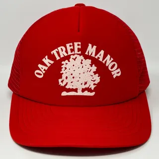 Photo of Vintage 80s Oak Tree Manor Trucker Hat Baseball Cap Red Spring Texas Snapback