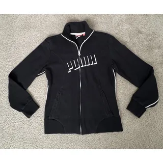 Photo of Puma Womens Large Black Full Zip Track Jacket Spellout Logo Piping Retro