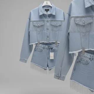 Photo of Forever 21 2PC Denim Set XL Cropped Jacket + Fringe Shorts Light Wash Rhinestone