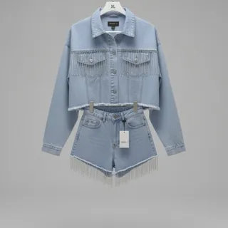 Photo of Forever 21 2PC Denim Set XL Cropped Jacket + Fringe Shorts Light Wash Rhinestone