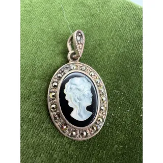 Photo of 925 Sterling Silver Mother of Pearl Cameo Pendant With Marcasite Border