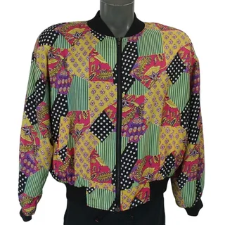 Photo of Vintage 80s Carol Horn Silk Bomber Jacket Large Colorful Patchwork Art Festival