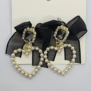 Photo of Faux Pearl Heart Black Bowknot Faux Jewel Charm Drop Earrings