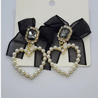 Photo of Faux Pearl Heart Black Bowknot Faux Jewel Charm Drop Earrings