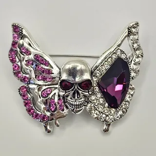 Photo of Skull Head Butterfly Brooch Faux Purple Jewels and Rhinestone Accents Goth