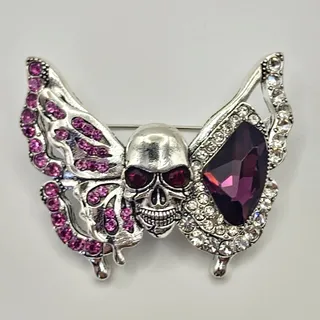 Photo of Skull Head Butterfly Brooch Faux Purple Jewels and Rhinestone Accents Goth