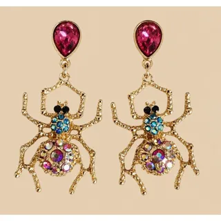 Photo of Blingy Rhinestone Spider Drop Stud Earrings Multicolor Stones Whimsey Goth