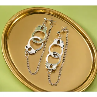 Photo of Handcuff Stud Earrings Silver Tone Metal Goth Boho