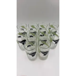 Photo of Vintage Set of 10 Black Green Floral Highball Tumblers Drinking Glasses MCM