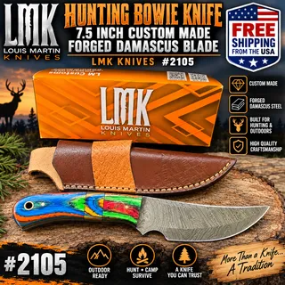 Photo of LMK Hunting Bowie Knife 7.5" Custom Handmade Forged Damascus Steel Blade #2105