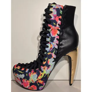 Photo of SHI Platform Ankle Boots Womens 10 Multicolor Floral Lace Up Stiletto Heel