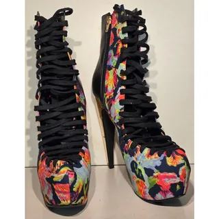 Photo of SHI Platform Ankle Boots Womens 10 Multicolor Floral Lace Up Stiletto Heel