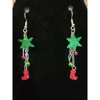 Photo of Festive Christmas Dangle Earrings Green & Red Glitter and Beads