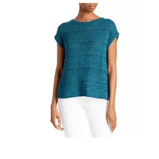Photo of Lafayette148 Silk/Cotton Teal Open Stitch Micro Paillette CoastalGrandma Sweater