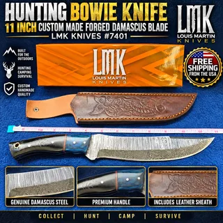 Photo of Hunting Bowie Knife 11 Inch, Custom Made Forged Damascus Blade LMK Knives #7401