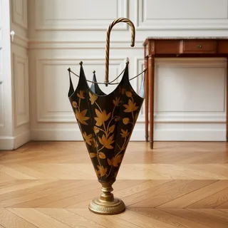 Photo of Vintage Italian Toleware Umbrella Stand-Black-Gold-Floral-Metal-Holder-Cane