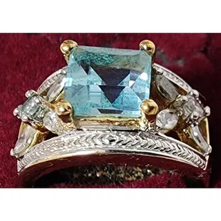 Photo of Vintage Gold Light Blue Gem Ring Size 9 w/ Box – Ornate Two‑Tone Design 9K Gold