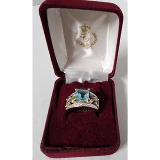 Photo of Vintage Gold Light Blue Gem Ring Size 9 w/ Box – Ornate Two‑Tone Design 9K Gold
