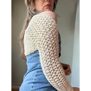 Photo of Vintage 90s Crochet Shrug Sweater | Open Weave Knit Bolero | Cream Cottagecore Layering Piece | Size M