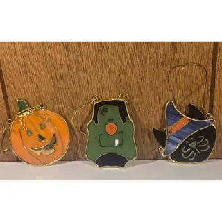 Photo of Halloween Stained Glass Ornaments Pumpkin Frankenstein Witch Cat Set of 3