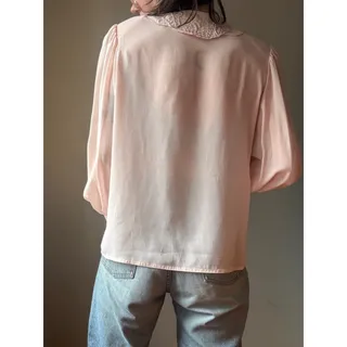 Photo of Vintage 80s Pink Pleated Secretary Blouse | Beaded Lace Collar Puff Sleeve | XL