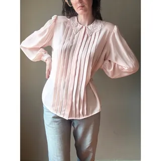 Photo of Vintage 80s Pink Pleated Secretary Blouse | Beaded Lace Collar Puff Sleeve | XL