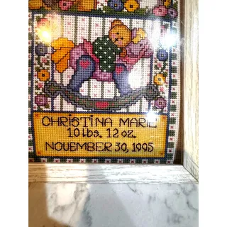 Photo of vintage baby birth record cross-stitch sampler framed teddy bears vintage 90s