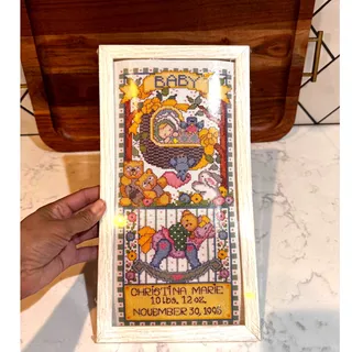 Photo of vintage baby birth record cross-stitch sampler framed teddy bears vintage 90s