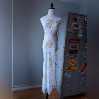 Photo of Vintage 90s Floral Slip Maxi Dress | Cream Rose Print Open Back Dress | Bias Cut Cottagecore | Size S