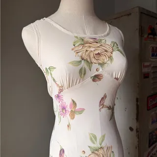 Photo of Vintage 90s Floral Slip Maxi Dress | Cream Rose Print Open Back Dress | Bias Cut Cottagecore | Size S