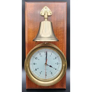 Photo of Vintage Dolphin Brass & Wood Mariner Wall Clock w/ Hourly Ship Bell Chimes