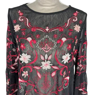 Photo of NEW John Mark Boho Embroidered Top Women Medium Black Tunic Sheer Long Sleeve