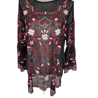 Photo of NEW John Mark Boho Embroidered Top Women Medium Black Tunic Sheer Long Sleeve