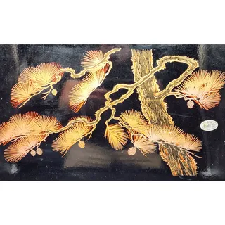 Photo of Vintage Japanese Lacquer Tray Gold Pine Design Cone Red Rim Handles Hang - Serve