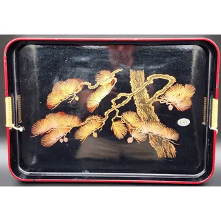 Photo of Vintage Japanese Lacquer Tray Gold Pine Design Cone Red Rim Handles Hang - Serve
