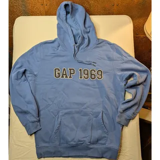 Photo of Classic Gap Denim Logo Hoodie Fleece Lined L Blue Cozy Lounge Athleisure Comfy