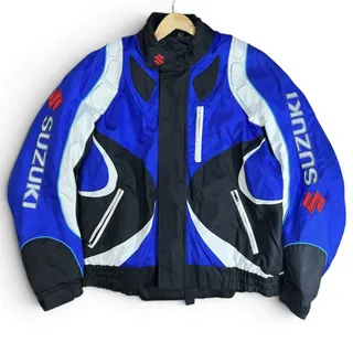 Photo of Vintage Suzuki Motorcycle Jacket Blue Padded Armor Riding Full Zip Moto Size 2XL